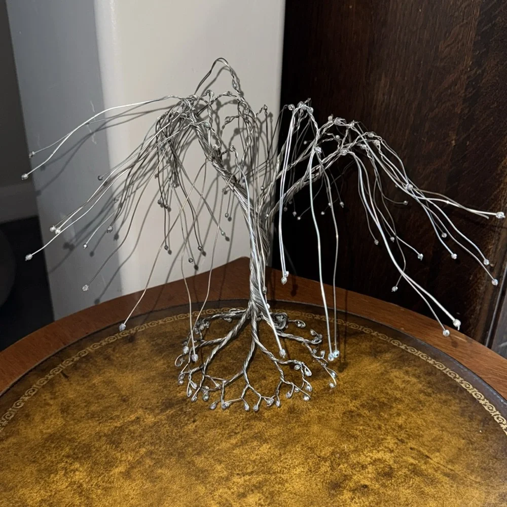 Silver Wire Tree Sculpture Beaded Weeping Willow Bonsai Tree Sculpture Cottage
